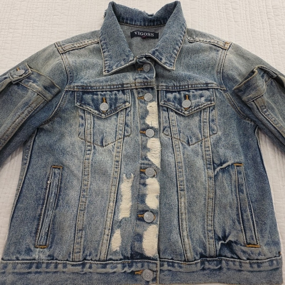 Vigoss Denim Biker Jacket Women's S Med Wash Distressed All Cotton J11880A EUC - Picture 3 of 14